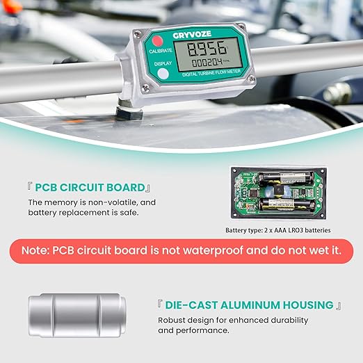 3/4 Inch Digital Turbine Fuel Flow Meter, 0.8-13.2 GPM Inline NPT Thread Flowmeter for Water, Diesel, Gas Oil, Kerosene, Methanol, and Other Liquids - Supports Gallon, QTS, PTS, L, m³