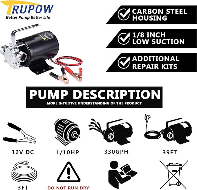 Trupow DC 12-Volt 1/10HP 330GPH Battery Powered Mini Portable Electric Utility Sump Transfer Water Pump with Water Hose Kit Black…