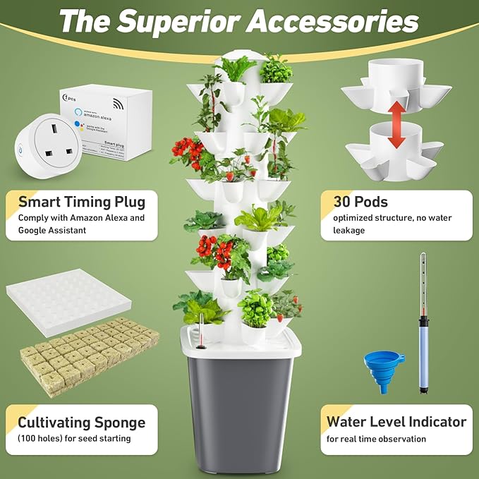 Vertical Hydroponics Garden Tower 30-Plant Hydroponic Growing System, Indoor Vertical Farming Garden Planter, Smart Herb Garden with Timing Plug Automatic Watering for Home Indoor Gardening System