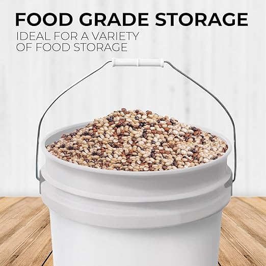 3.5-Gallon White Bucket Pail with Gamma Seal Screw on Airtight Lid, Heavy-Duty 90MIL Extra Durable, Food Grade, Metal Handles with Plastic Grip for Easy Carrying, Easy Stack & Store, BPA Free - 5 Pack