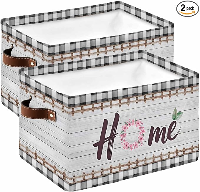Spring Flowers Storage Bins Cubes Waterproof Cloth Storage Basket,Farmhouse Watercolor Black Plaid Wood Grain Foldable Storage Bags for Shelf Clothes Storages Organizers with Handles 15x11x9.5 in 2PCS