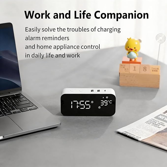 Smart WiFi Alarm Clock with Timer, USB 2A+1C Fast Charging, App Remote Control, Digital LED Large Screen Power-Off Countdown Timer, Snooze Alarm, Time, Weather and Temperature Display