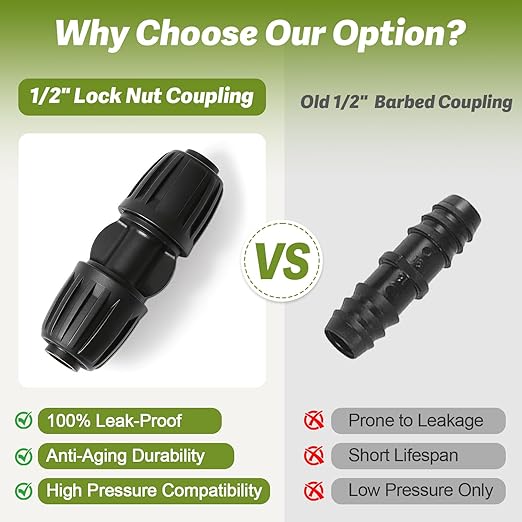 12 Pack 1/2 Inch Drip Irrigation Coupling Fittings (1/2" ID x 0.6-0.65" OD), 1/2'' Dripline Barbed Coupler Connectors with Anti-Drop Lock Nuts for Garden Lawn Irrigation System Connection