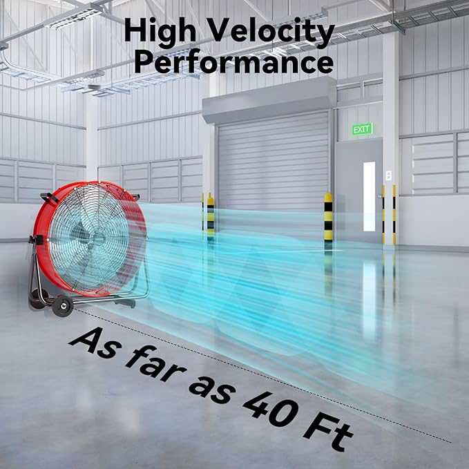 24 Inch Industrial Drum Fan 8800 CFM High Velocity Floor Fan for Garage, Warehouse & Workshop - 3-Speed Heavy Duty Metal Fan with 360° Tilt, Wheels & UL Safety Listed