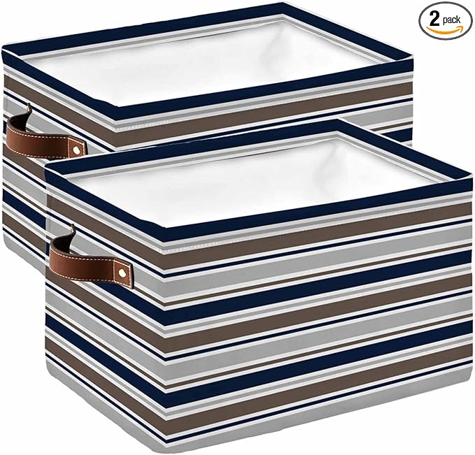 Grey Navy Blue Striped Storage Bins Cubes Waterproof Cloth Storage Basket,Farmhouse Stripes Modern Abstract Art Foldable Storage Bags for Shelf Storages Organizers with Handles 15x11x9.5 in 2PCS