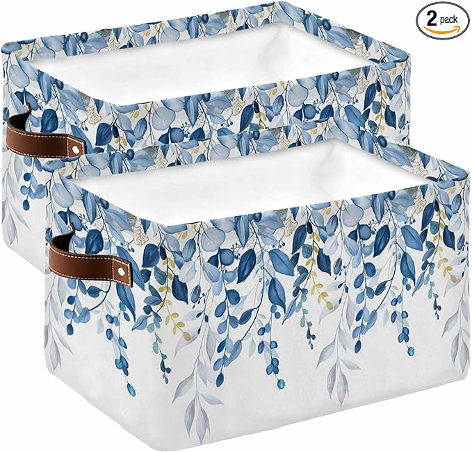 Blue Eucalyptus Storage Bins Cubes Waterproof Cloth Storage Basket, Watercolor Spring Weeping Botanical Foldable Storage Bags for Shelf Clothes Storages Organizers with Handles 15x11x9.5 in 2PCS