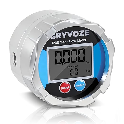 1/2" NPT Digital Gear Flow Meter, ±0.5% Accuracy, 0.05–6.6 GPM, for Low-Flow, High-Viscosity Liquids, Compatible with Motor Oil, Lubricants, Antifreeze & Hydraulic Systems