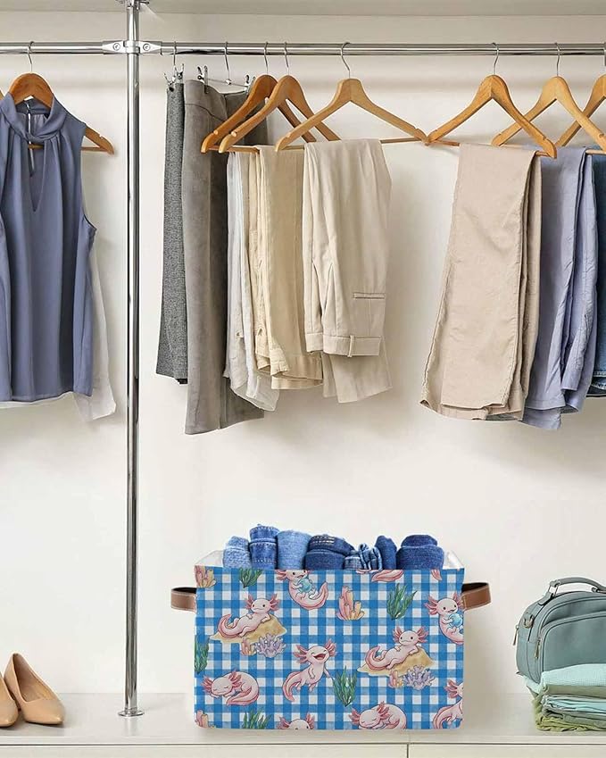 Pink Animals Coastal Storage Bins Cubes Waterproof Cloth Storage Basket, Blue Checkered Farmhouse Ocean Foldable Storage Bags for Shelf Closet Clothes Organizers with Handles 15x11x9.5 in 2PCS