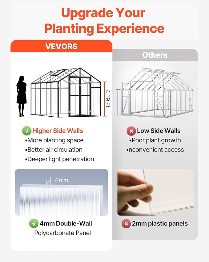 VEVOR Polycarbonate Garden Greenhouse, 8 x 10 Ft, with 2 Ventilation Windows, Hinged Door, Pavilion Style, Large Aluminium Greenhouse Kit, Flower Plant Shelter for Outdoors, Backyard