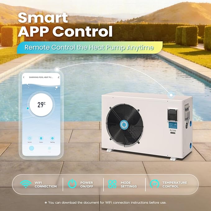 POOLCOMFT Inverter Electric Pool Heater for Above Ground and Inground Pools, Heating and Cooling Pool Heater, Smart WiFi Control, Swimming Pool Heat Pump up to 28000 Gallons