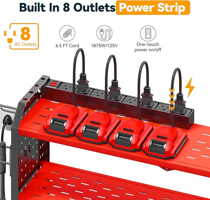Warome Tool Organizer with Charging Station, Power Tool Rack Wall Mount with 8-Outlet Power Strip, Tool Storage for Garage with 8 Cordless Drill Holders, Battery Utility Shelf in Red