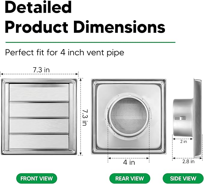 Funmit 4'' Metal Dryer Vent Cover with Metal Mesh Screen, 7"x7" Outdoor Stainless Steel Louvered Vent Cover Includes 4 Screw for Easy Installation