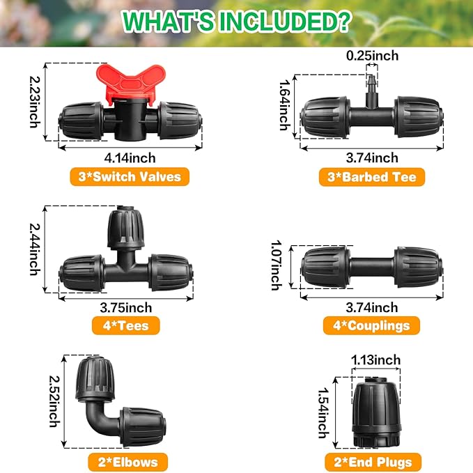 Gardrip Drip Irrigation Fittings Kit for 1/2 Inch Tubing：1/2'' Drip Line Anti-Drop Barbed Locked Nut Connectors 18 Pieces Set Include 4 Couplings 4 Tees 2 Elbows 3 Valves 3 Reducing Tee 2 Plugs