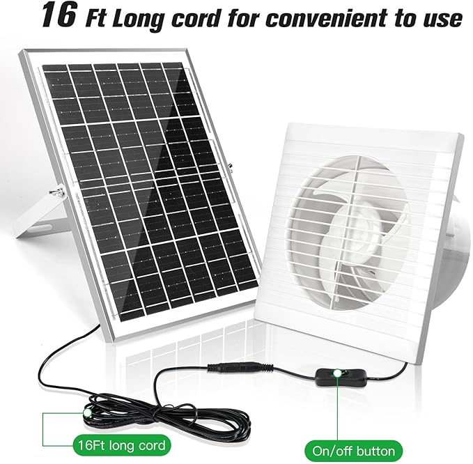 blessny Solar Powered Exhaust Fan, 15W Solar Panel + 6" Ventilation Vent Fan for Outside Greenhouse, Chicken Coop, Shed, Pet House