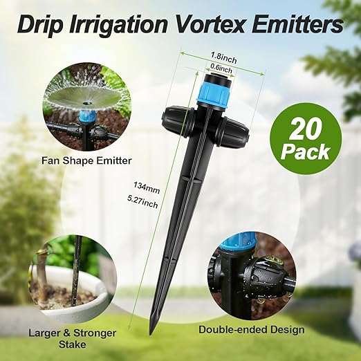 RedChili 20 Pieces Drip Emitters for 1/4" Drip Irrigation Tubing, Adjustable 360 Degree Vortex Drip Emitters with Stake 360° Full Circle Umbrella Shape Pattern Garden Two Way Irrigation Micro Drippers