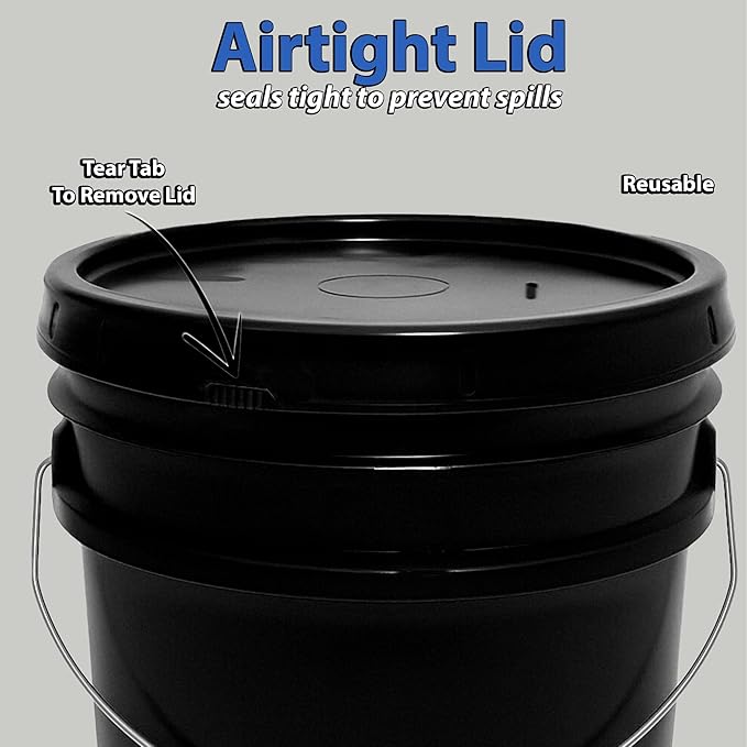 MKS Plastics 1-Gallon Bucket with Airtight Lid – Made in USA, Food Grade BPA Free Plastic, Heavy Duty Multi-Use, Metal Handle with Grip, Stackable Storage – Black, 3 Pack