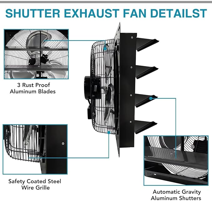 VENTISOL 18 Inch Shutter Exhaust Fan Wall Mounted, Aluminum with 1.65 Meters Power Cord Kit,High Speed 2500CFM, Ventilation Fan for Garage,Greenhouse,Attic,Shed,Shop,Black