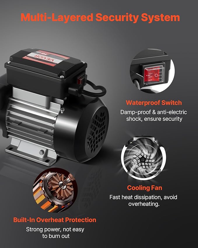 VEVOR Oil Transfer Pump 110V, 16 GPM 60 L/min, AC Electric Fuel Transfer Pump for Diesel Kerosene Biodiesel, 8 ft/2.4 m Max Suction Lift, 45 ft/13.7 m Max Lift, for Vehicles, Construction Sites, Farms