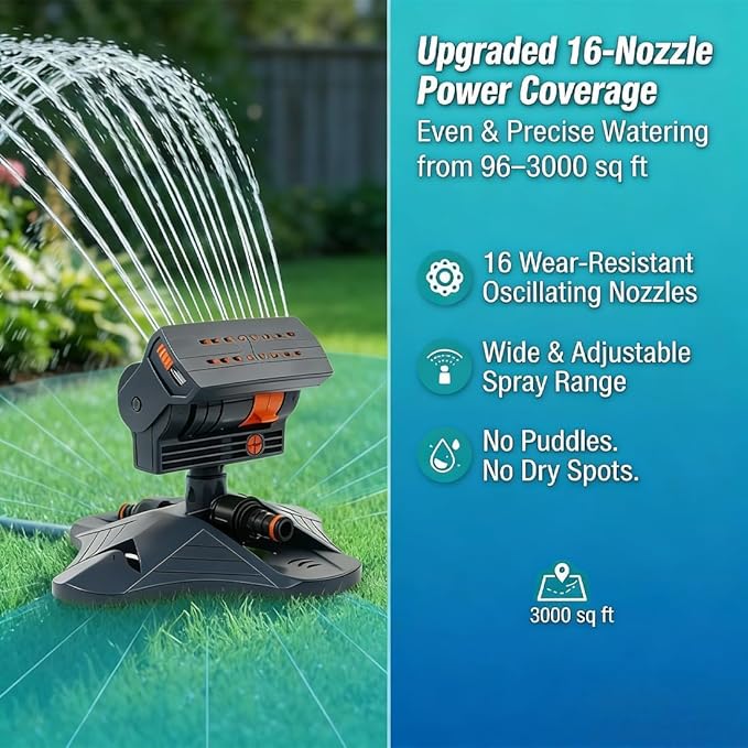 16-Nozzle Oscillating Sprinkler with Dual-Zone Sprinkler Water Timer, Adjustable Water Sprinklers for Lawn Yard Garden, Heavy Duty Automatic Irrigation System (Green)