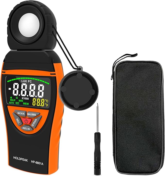 HOLDPEAK Light Meter, Digital Lux Meter 0.1-400,000 Lux, 270º Rotatable Detector, Large Color Backlit Display, Illuminance Meter Temp Luxmeter Lumen Meter for Photography 8801A