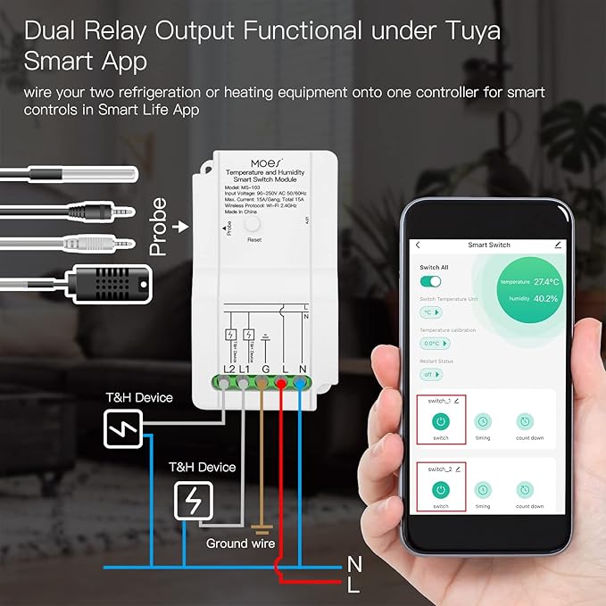 MOES WiFi Smart Temperature and Humidity Switch Module Sensor, Dual Relay Output Controller, Smart Life Tuya App Wireless Remote Control, Programmable Thermostats Kit Works with Alexa Google Assistant