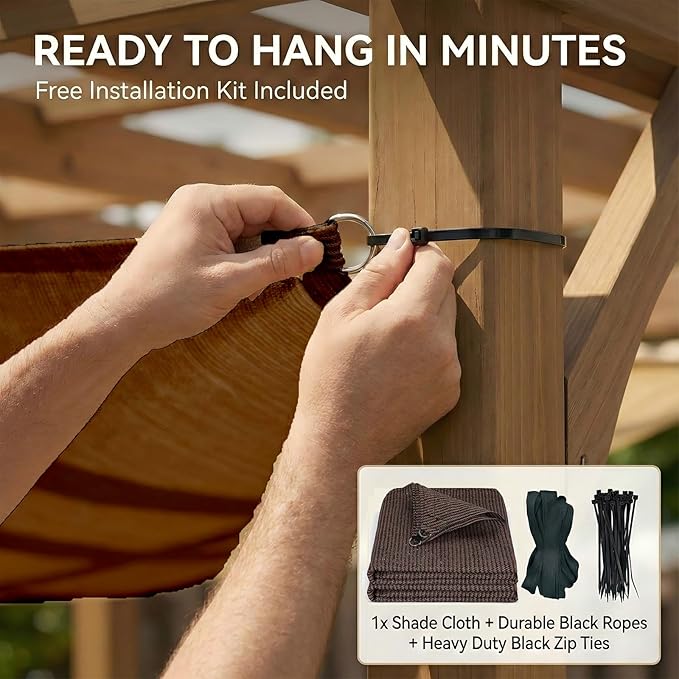10X15 FT 90% Sun Shade Cloth, Sunblock Shade Fabric with D-Rings, Sunshade Cover for Patio Pergola Deck, UV Protected Breathable Netting with Zipties & Ropes, Mocha