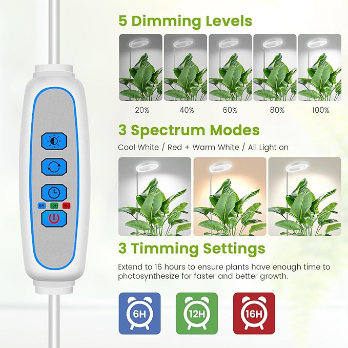Kullsinss White Grow Light, Full Spectrum LED Plant Lighs for Indoor Growing with 6/12/16H Timer, 3 Color Modes, 5 Brightness, 10"-60" Height Adjustable Plant Lamp for Tall Indoor Plants (3 Pack)