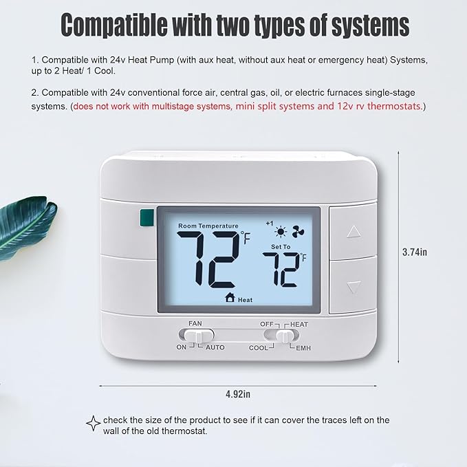 Aowel 2 Heat/ 1 Cool Non-Programmable Thermostat for Home Heat Pump System and Conventional Single-Stage System, with Room Temperature & Humidity Monitor (White Backlit Screen)