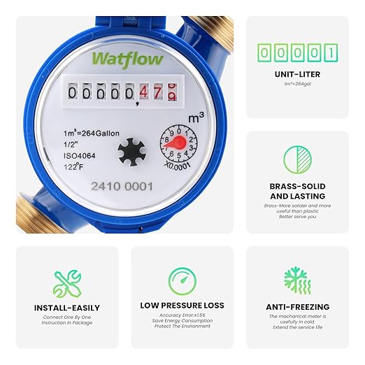 Watflow DN15 Water Meter 1/2" NPT, ISO4064 Certification Cubic Water Flow Meter, Cold Water Meter for Garden/Home/Apartment, Horizontal Install.