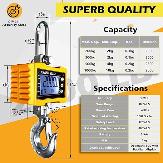 YATOINTO 2200lb Digital Crane Scale High Precision Heavy Duty Industrial Hanging Scale with Remote Control Aluminum Case CE Certified Electronic Weighing Crane Scale, for Garage Farm Hunting Fishing