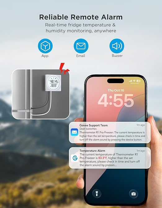 GoveeLife Upgraded Smart WiFi Refrigerator Thermometer Digital with Freezer Alarm, Wireless Magnetic Fridge Thermometer with Notification, LCD Display, Free Data Export for Fridge, Kitchen, Farming