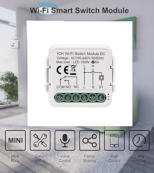 1CH Dry Contact WiFi Relay Switch Module,DC 12/24V AC 100-240V,Tuya Smart Life app,Compatible with Alexa,Google Home