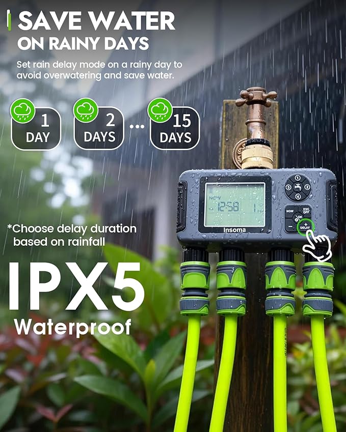 Insoma 4-Zone Water Timer with Brass Inlet, Automatic Garden Hose Timer with Manual/Rain Delay & Large Display, IPX5 Waterproof Faucet Timers for Sprinkler System, Yard, Lawn, Greenhouse