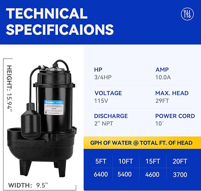 Acquaer Sewage Pump Submersible Water Pump with Automatic Float Switch, for Sump Basin, Residential Sewage, Black, 2'' NPT 3/4 HP 6400 GPH