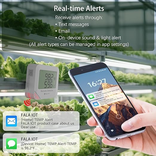 Remote WiFi Temperature & Humidity Sensor, No Subscription 24/7 Remote Temp Monitor with Email, Text Alerts, Sound & Light Alarm, Idea for RV, Pet, Greenhouse, Farm, Freezer, Server Room