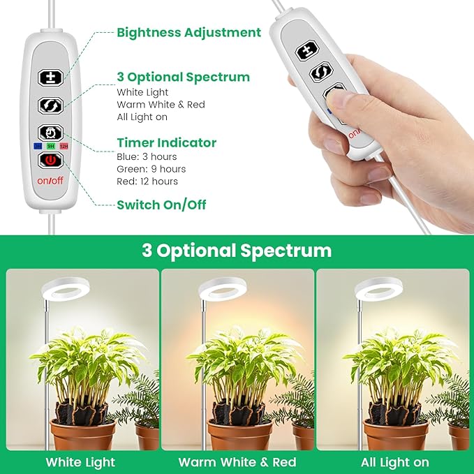 Aokrean Grow Lights for Indoor Plants, Full Spectrum Plant Lights for Indoor Growing with with 3/9/12H Timer, 3 Color Modes, 10 Brightness, 6.5"-26" Height Adjustable Small Grow Light, 1 Pack(3.4in)