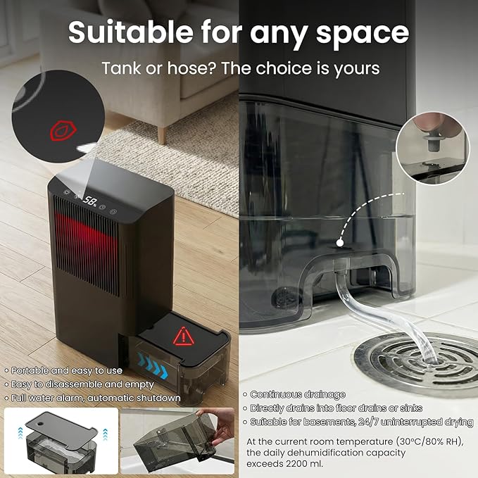 Dehumidifier for Home, Dehumidifier for Basement with Drain Hose/Humidity Display/85 OZ Water Tank/Washable Filter/Auto Shut Off/Ultra Quiet, Small Dehumidifier for Bedroom, Bathroom, RV, Whole Home