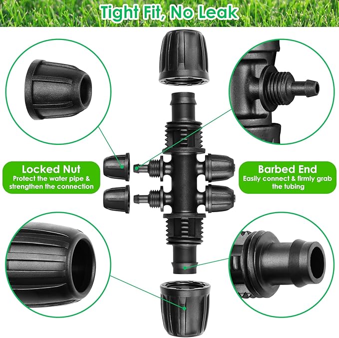 JAYEE Drip Irrigation Fittings, 12 Pcs Lock Barbed Six Way Connectors for 1/2 to 1/4 Inch Vinyl Tubing, Drip Line Parts 6-Way Reducing Tees Irrigation Kits for Drip Sprinkler Garden Lawn Systems