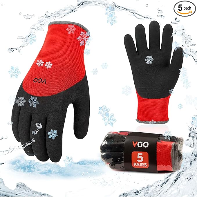 Vgo... 5-Pairs Freezer Winter Work Gloves, Double Lining Rubber Latex Coated for Outdoor Heavy Duty Work (Size L, Red, RB6032)