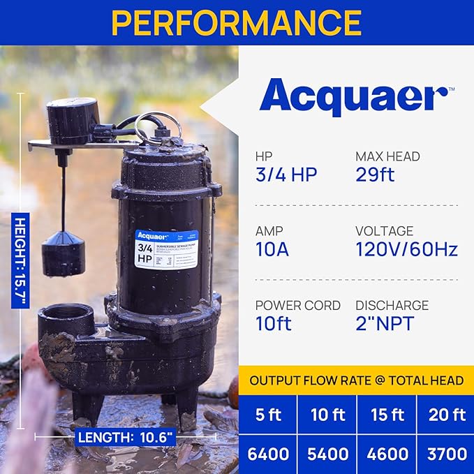 Acquaer Sewage Pump Submersible Water Pump with Automatic Float Switch, for Sump Basin, Residential Sewage, Black, 2'' NPT 3/4 HP 6400 GPH Vert. Float