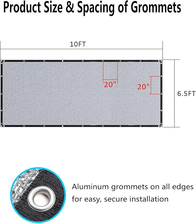 90% Aluminet Shade Cloth 6.5ft x 10ft - Heavy Duty Aluminum Shade Cloth with Grommets, Reflective Sun Block Shade Net for Greenhouse, Plants, Dog Kennel, Car Cover, Patio, Garden (Silver)