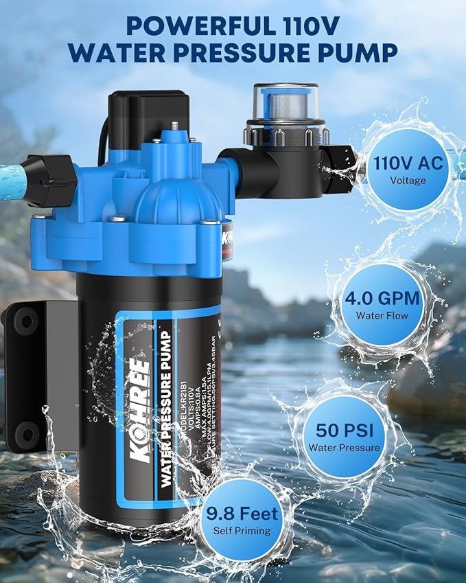 Kohree 110V AC Water Pressure Pump, 4 GPM 50 PSI, On Demand Self-priming RV Fresh Water Pump, 3-Chamber Diaphragm Pump with Pressure Switch and Strainer for RV, Marine, Garden, Kitchen, Bathroom