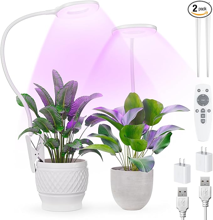 Full Spectrum Grow Lights for Indoor Plants, Clip On Plant Lights for Indoor Growing with 4/8/12H Timer, 3 Light Modes, 10 Dimmable Levels, Adjustable Gooseneck, Remote Control, 2-Pack