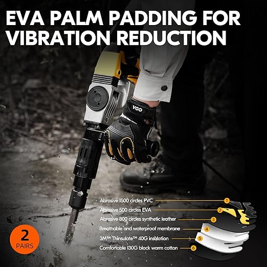 Vgo... 2-Pairs 32°F Waterproof High-Dexterity Heavy-Duty Winter Mechanic Gloves, Impact & Vibration Reduction (L, Black&Gold, SL8849FW)