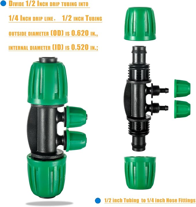 10 Pcs 1/2 to 1/4 inch Garden Hose Tubing Irrigation Fittings,4-Way Anti-Leak 1/2'' to 1/4'' Locked Barbed Drip Irrigation Tee Connectors (1/2"IDx0.6-0.63"OD) 1/2'' to 1/4'' Irrigation Tubing Fitting