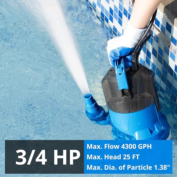 FOTING 3/4HP Sump Pump, 4300GPH High Flow Clean&Dirty Submersible Water Pump with Float Switch, Thermoplastic Electric Portable Utility Pump for Pool Draining Hot Tub Garden Basement