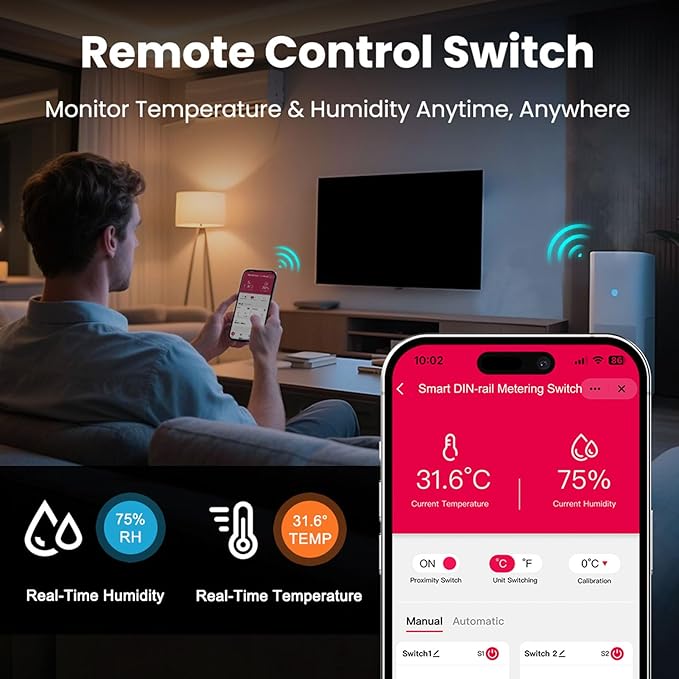 WiFi Temperature Humidity Sensor DIN Rail Mount WALFRONT Smart Switch Real Time Monitoring 24/7 for Incubators Breeding Farms