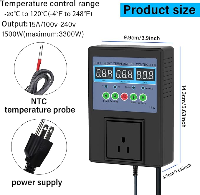 TempMaster Digital Temperature Controller Outlet,Heating & Cooling Thermostat with Dual Relay 15A 3300W,-20~120℉ Incubator Thermostat with Waterproof Probe,Temperature Control Switch for Reptile Tank