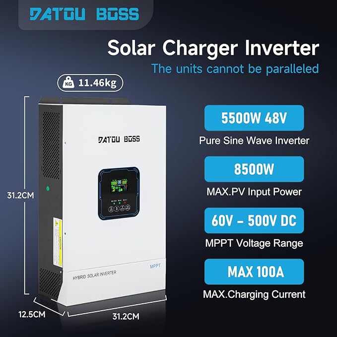 DATOUBOSS IEC 62109 48V 5500W Hybrid Solar Inverter with 100A MPPT, Inversor Solar Hibrido 5000w 110/220 MAX.8500W PV Input, LCD Programmable, Off-Grid Inverter for Home RV Solar System