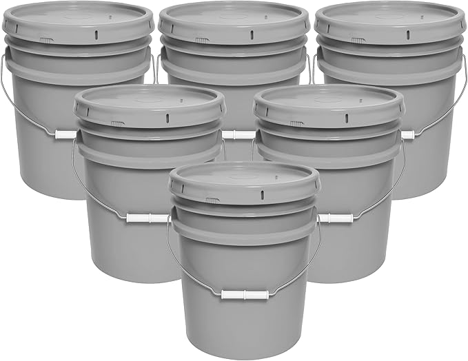 MKS Plastics 5-Gallon Bucket with Airtight Lid – Made in USA, Food Grade BPA Free Plastic, Heavy Duty Multi-Use, Metal Handle with Grip, Stackable Storage – Silver, 6 Pack